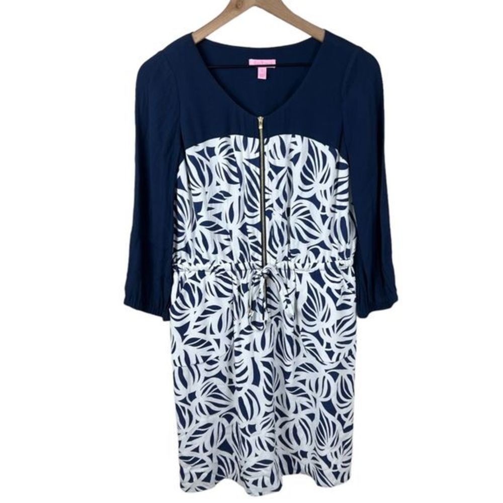 Lilly Pulitzer Womens Blue White Sessile Rayon Elastic Wasit Zip Shift Dress 4